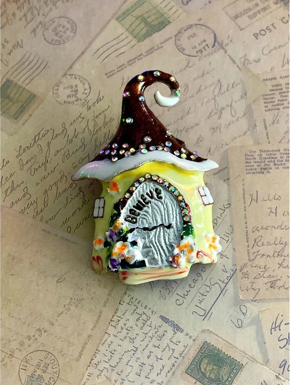 Whimsical Fairy House Brooch with Sparkly Rhinestone Hat